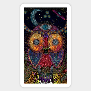 PSYCHEDELIC TRIPPY HORROR VACUI OWL ON BRANCH - full colour Sticker